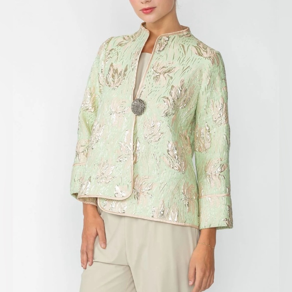NWT IC COLLECTION Green One Button Asymmetrical Jacquard Jacket